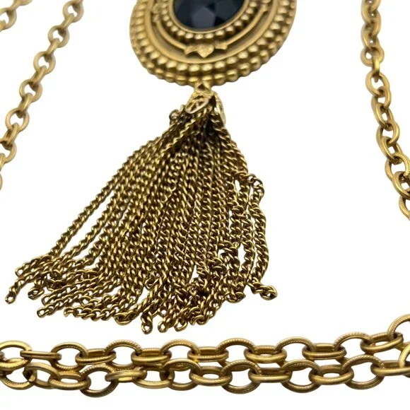 Gold Tone Victorian Revival Necklace Black Glass Medallions Tassel Pendant 36" - Picture 4 of 13